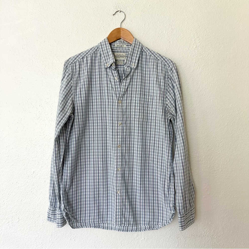 Lucky Brand Mens White Label Fit Blue White Plaid Long Sleeve Button Down Shirt